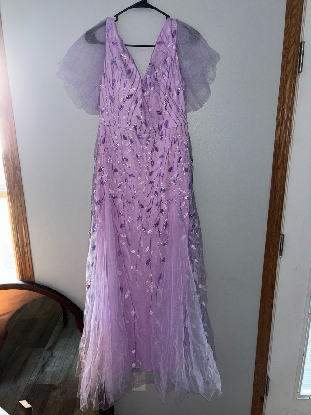 Lavender Sequin Maxi Dress with Sheer Flutter Sleeves